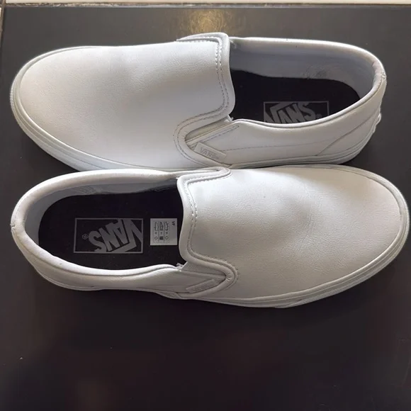 Vans - white leathered slip on shoes. Like new. Mens 6.5. Women’s 8. - Picture 3 of 3